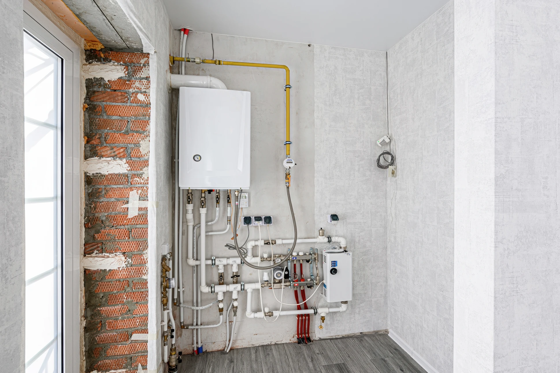 Local technique moderne avec chaudière murale blanche, ballon de stockage cylindrique et réseau de distribution complexe