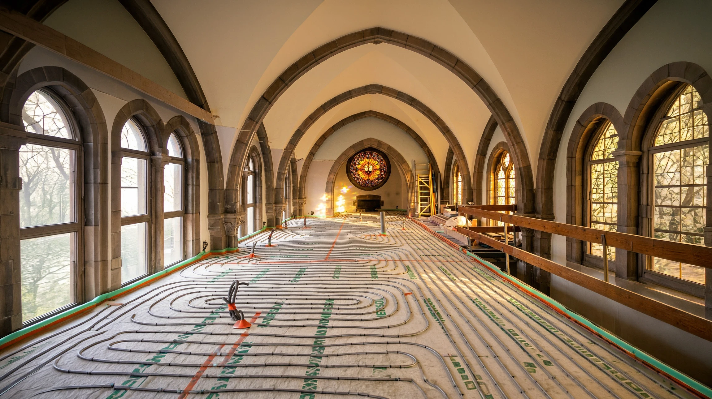 Rénovation d'une église gothique historique avec installation d'un système de chauffage par le sol (plancher chauffant hydraulique)