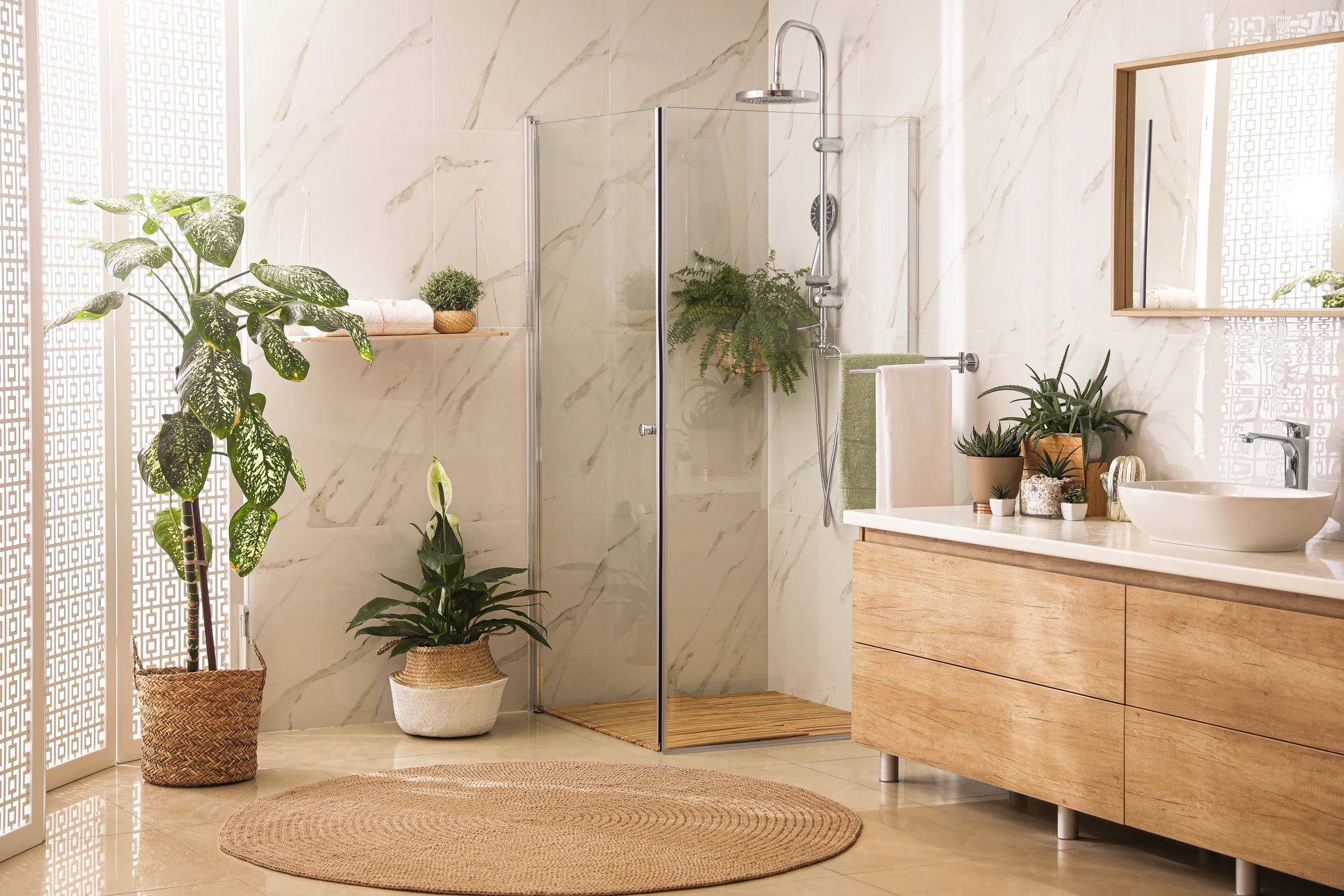 Salle de bain moderne avec double vasque encastrée, meuble-lavabo blanc à tiroirs avec poignées noires, plan de travail en quartz blanc veiné