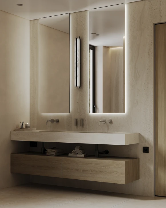 Salle de bain moderne avec douche à l'italienne vitrée, vasque double sur meuble suspendu en bois clair, robinetterie murale chromée